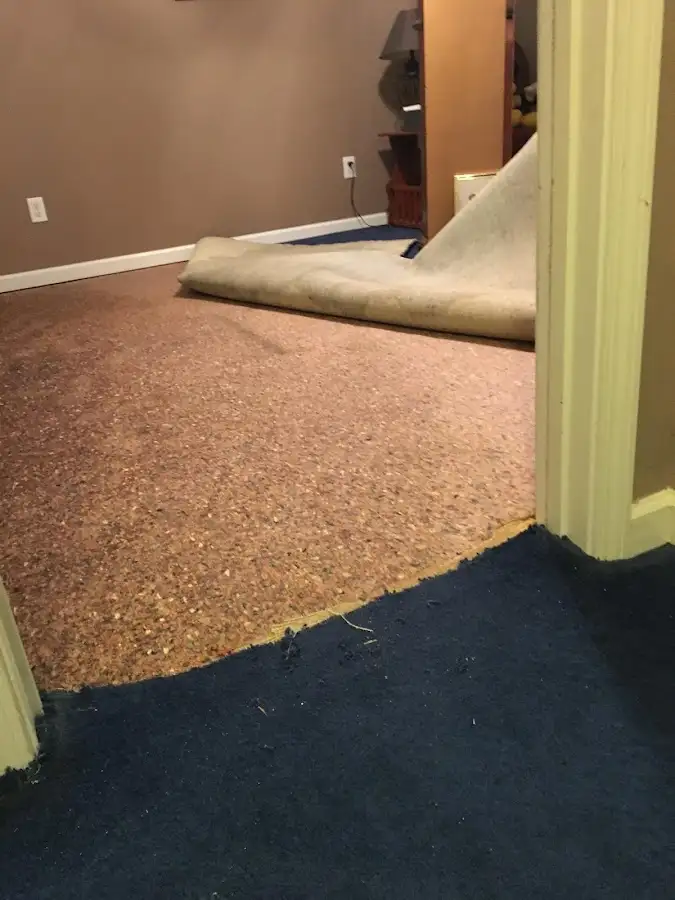 Carpet pad removal revealing water damage during Water Mitigation Services in Lochmoor Waterway Estates